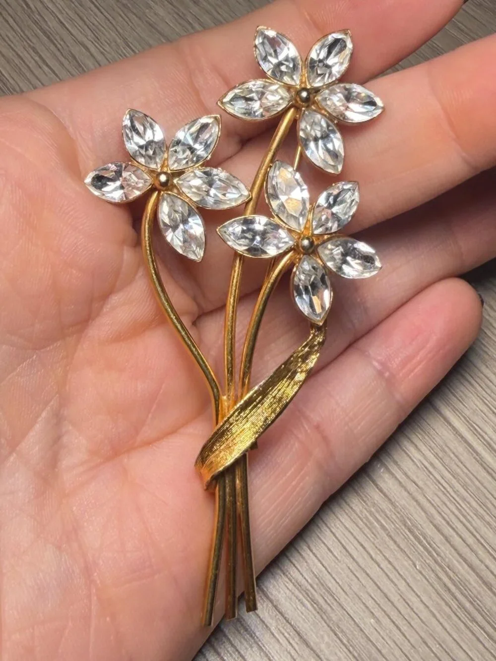 Clear Rhinestone Flower Bouquet Brooch Vintage Gold Tone 3.25 inches